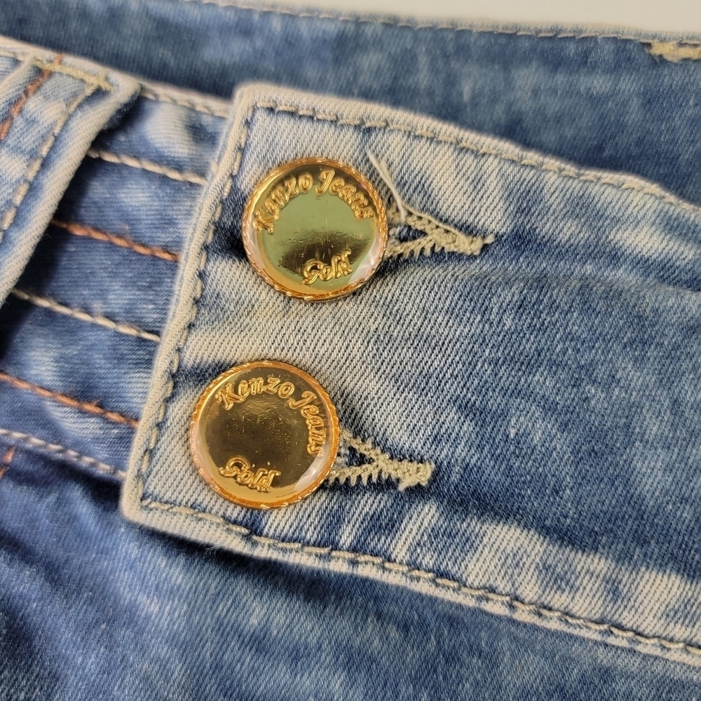 Kenzo GOLD DENIM VANY Skinny Mid-Rise Jeans Sz 6 Designer Beaded Gold Button - Picture 5 of 12